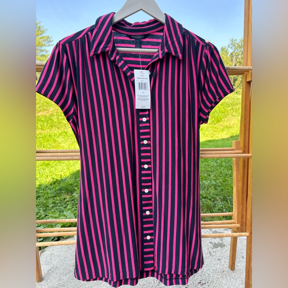 NWT Tommy Hilfiger navy blue and hot pink striped button up collar shirt sz med - Picture 2 of 5